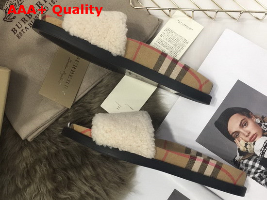 Burberry Shearling and Vintage Check Slides Natural Replica
