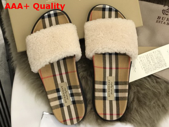 Burberry Shearling and Vintage Check Slides Natural Replica