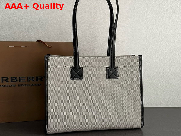 Burberry Small Freya Tote in Cotton Canvas Trimmed with Topstitched Leather Natural and Black Replica