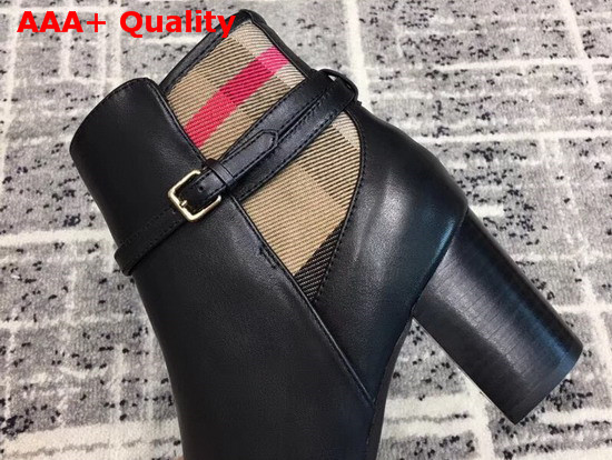 Burberry Strap Detail House Check and Black Leather Ankle Boots Replica