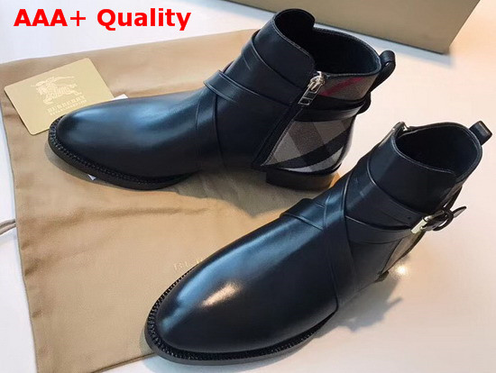 Burberry Strap Detail Leather and Check Ankle Boots Black Replica