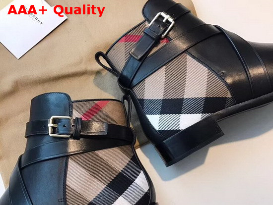 Burberry Strap Detail Leather and Check Ankle Boots Black Replica