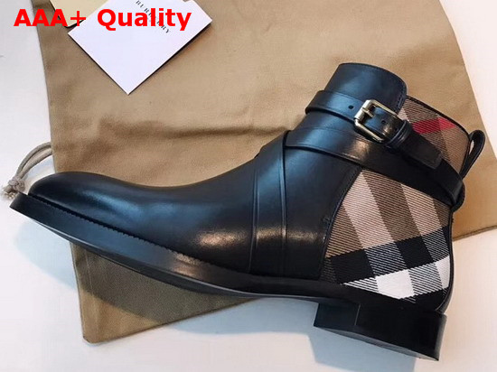 Burberry Strap Detail Leather and Check Ankle Boots Black Replica