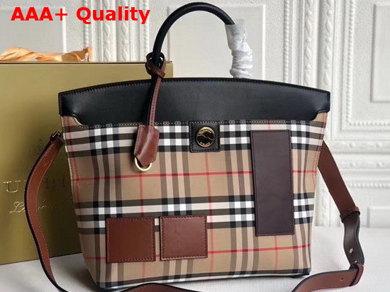 Burberry Vintage Check and Leather Society Top Handle Bag Archive Beige Black Replica