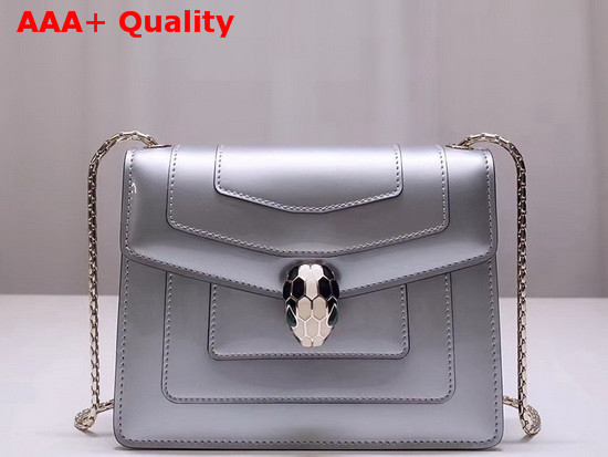 Bvlgari Serpenti Forever Crossbody Flap Cover Bag in Shiny Silver Brushed Metalllic Calf Leather Replica