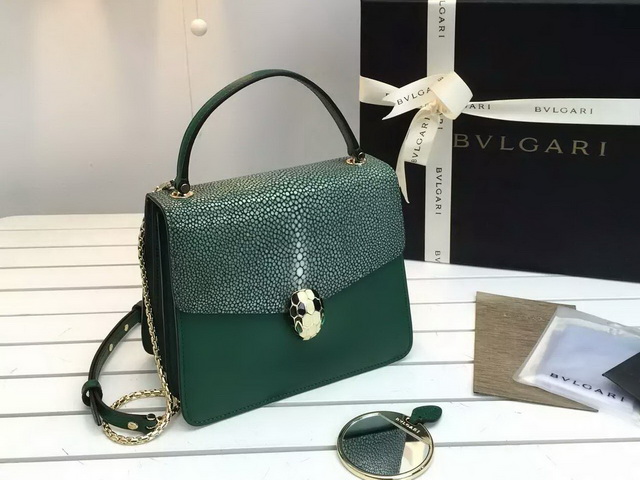 Bvlgari Serpenti Forever Flap Cover Bag in Green Galuchat Skin and Calf Leather for Sale