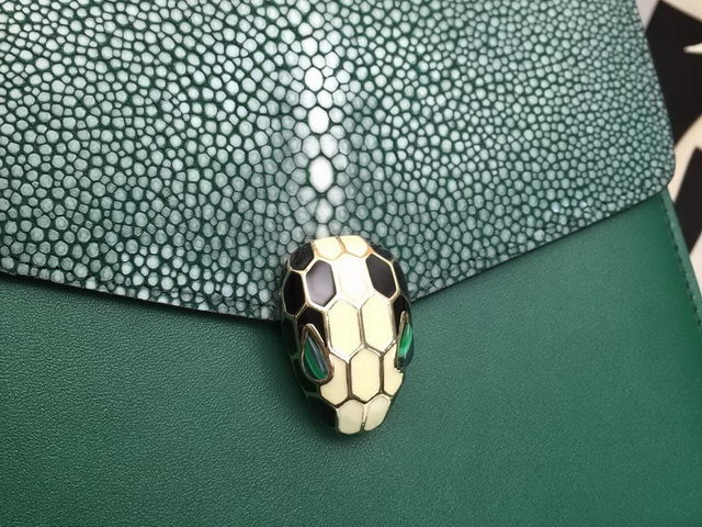 Bvlgari Serpenti Forever Flap Cover Bag in Green Galuchat Skin and Calf Leather for Sale