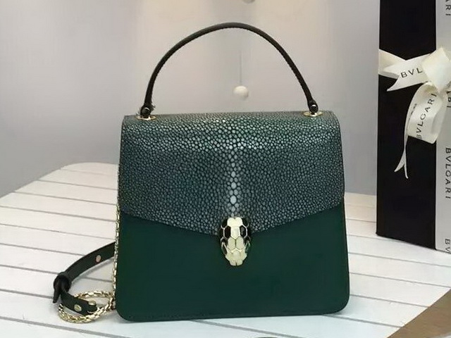 Bvlgari Serpenti Forever Flap Cover Bag in Green Galuchat Skin and Calf Leather for Sale