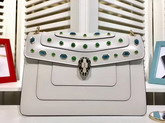 Bvlgari Serpenti Forever Medium Flap Cover Bag in White Calfskin Featuring The Scaglie Beads Motif in Emerald Green and Cloud Topaz Quartzes For Sale