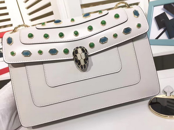 Bvlgari Serpenti Forever Medium Flap Cover Bag in White Calfskin Featuring The Scaglie Beads Motif in Emerald Green and Cloud Topaz Quartzes For Sale