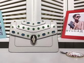 Bvlgari Small Flap Cover Bag Serpenti Forever in White Agate Calf Leather Featuring The Scaglie Beads Motif in Emerald Green and Cloud Topaz Quartzes For Sale