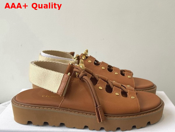Celine Billie Chunky Sandal in Calfskin and Textile Tan and Ecru Replica