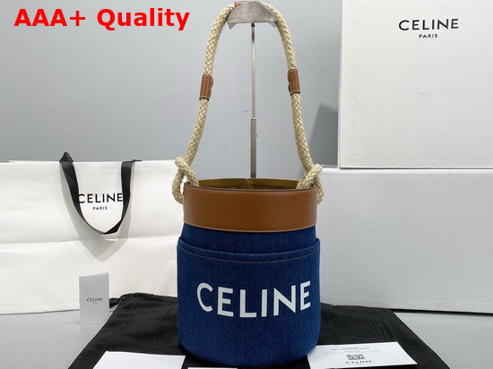 Celine Bucket Celine in Denim with Celine Print and Calfskin Navy Tan Replica