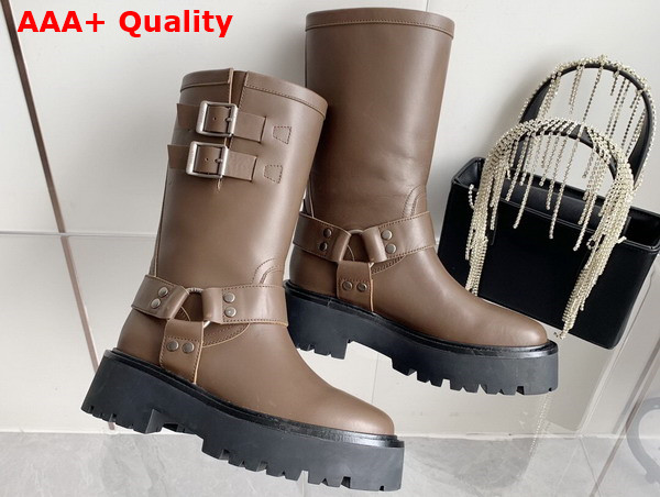 Celine Bulky Bid Biker Boot with Harness in Khaki Calfskin Replica
