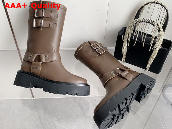 Celine Bulky Bid Biker Boot with Harness in Khaki Calfskin Replica
