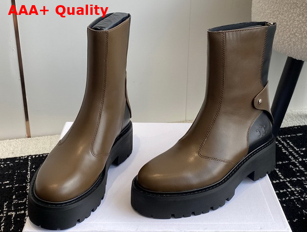 Celine Bulky Boots with Back Zip and Triomphe in Calfskin Khaki and Black Replica