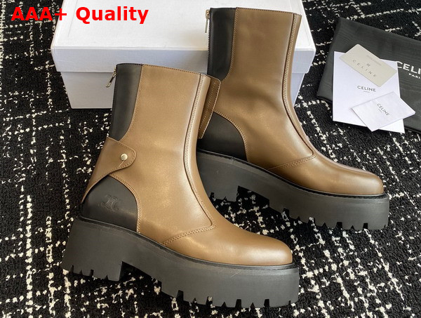 Celine Bulky Boots with Back Zip and Triomphe in Calfskin Khaki and Black Replica