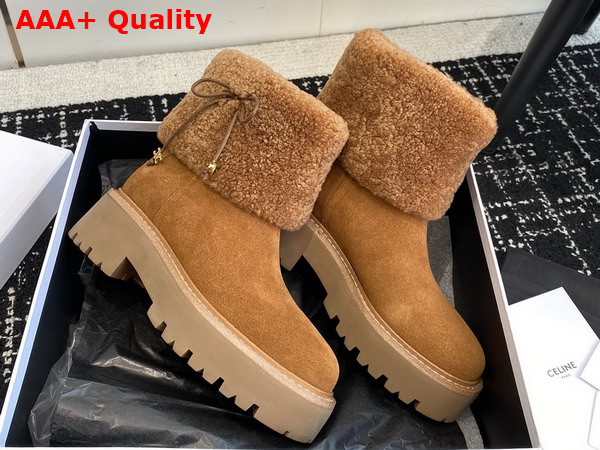 Celine Bulky Cropped Boot with Triomphe Tassels in Suede Calfskin and Shearling Dark Havana Cognac Replica