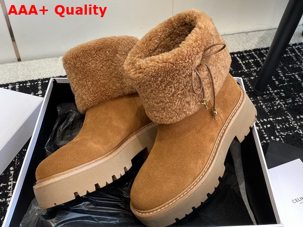 Celine Bulky Cropped Boot with Triomphe Tassels in Suede Calfskin and Shearling Dark Havana Cognac Replica