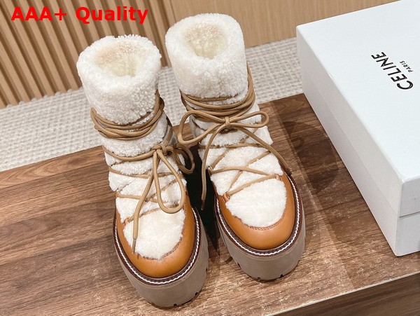 Celine Bulky Lace Up Boot in Shearling and Calfskin Natural and Tan Replica