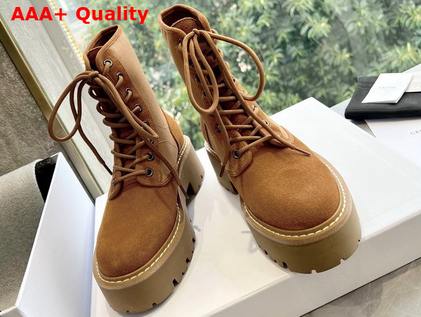Celine Bulky Lace Up Boot with Triomphe in Nylon and Suede Calfskin Dark Beige Replica