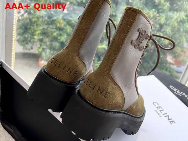 Celine Bulky Lace Up Boot with Triomphe in Nylon and Suede Calfskin Khaki Replica