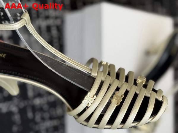 Celine Cage Heeled Sandal in Champagne Laminated Lambskin Replica