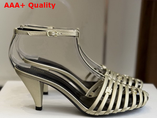 Celine Cage Heeled Sandal in Champagne Laminated Lambskin Replica
