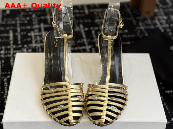 Celine Cage Heeled Sandal in Gold Laminated Lambskin Replica