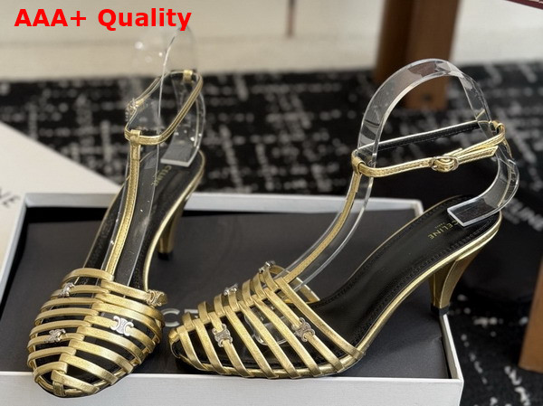 Celine Cage Heeled Sandal in Gold Laminated Lambskin Replica