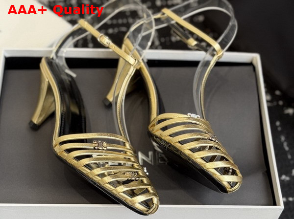 Celine Cage Heeled Sandal in Gold Laminated Lambskin Replica