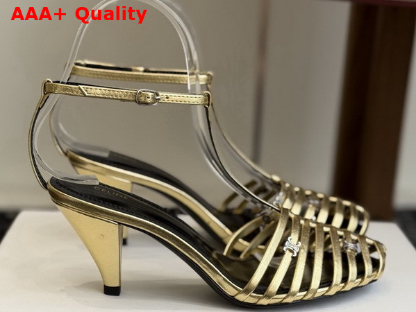 Celine Cage Heeled Sandal in Gold Laminated Lambskin Replica