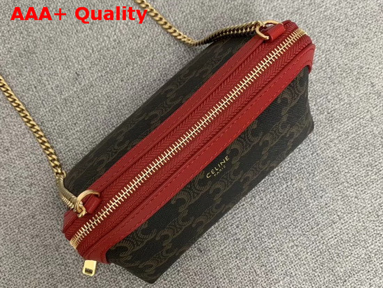 Celine Clutch with Chain in Triomphe Canvas and Lambskin Red Replica