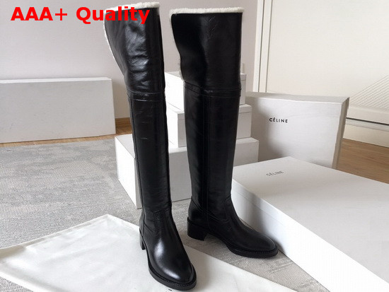 Celine Folco Over The Knee Boot in Black Calfskin and Lamb Shearling Replica