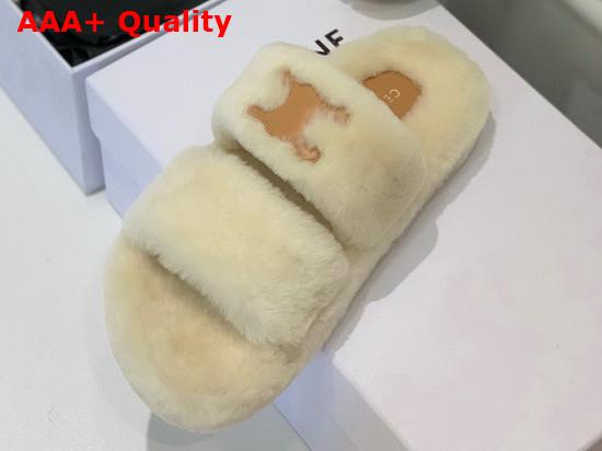 Celine Fur Slides Triomphe Open Slide in Shearling Beige Replica
