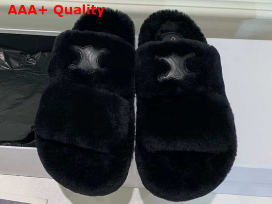 Celine Fur Slides Triomphe Open Slide in Shearling Black Replica