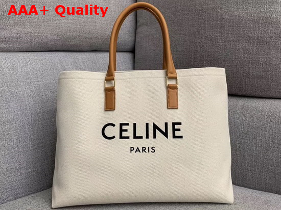 Celine Horizontal Cabas Celine in Canvas with Celine Print and Calfskin Natural and Tan Replica