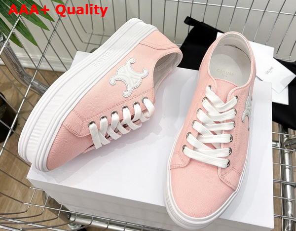 Celine Jane Low Lace Up Sneaker in Light Pink Canvas and Calfskin Replica