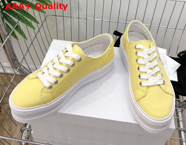 Celine Jane Low Lace Up Sneaker in Light Yellow Canvas and Calfskin Replica