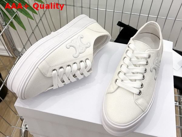Celine Jane Low Lace Up Sneaker in Optic White Canvas and Calfskin Replica