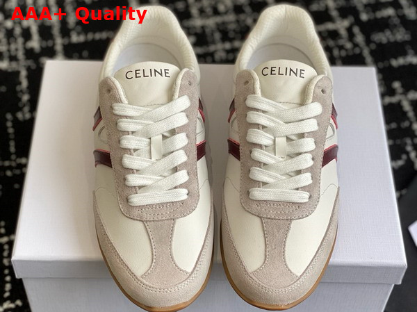 Celine Jogger Low Lace Up Sneaker in Calfskin and Suede Calfskin Optic White Dark Burgundy Grey Replica