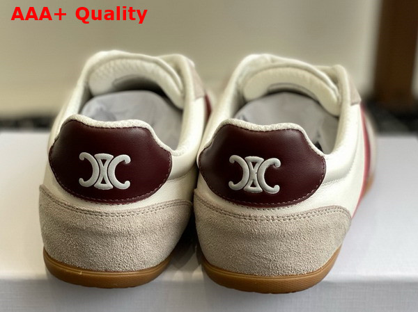Celine Jogger Low Lace Up Sneaker in Calfskin and Suede Calfskin Optic White Dark Burgundy Grey Replica