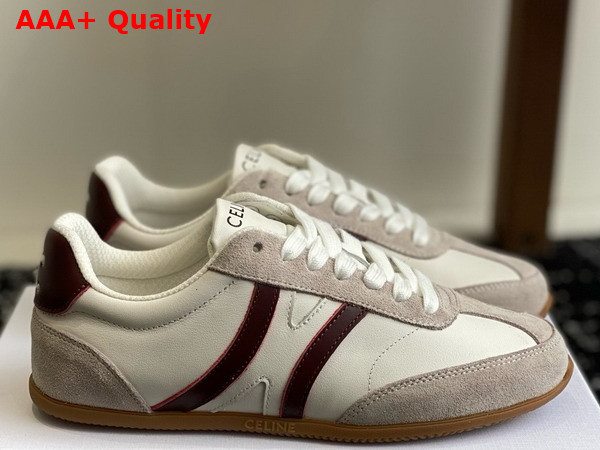 Celine Jogger Low Lace Up Sneaker in Calfskin and Suede Calfskin Optic White Dark Burgundy Grey Replica