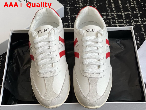 Celine Jogger Low Lace Up Sneaker in Calfskin and Suede Calfskin Optic White Red Grey Replica