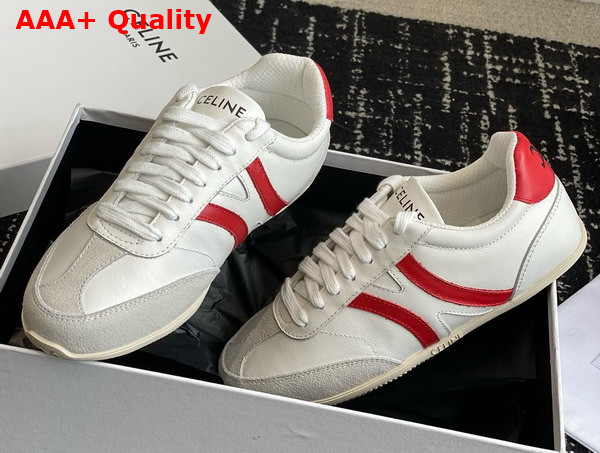 Celine Jogger Low Lace Up Sneaker in Calfskin and Suede Calfskin Optic White Red Grey Replica