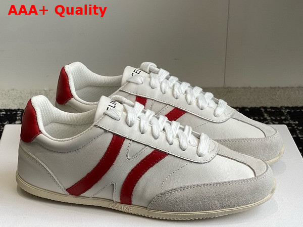 Celine Jogger Low Lace Up Sneaker in Calfskin and Suede Calfskin Optic White Red Grey Replica