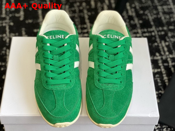 Celine Jogger Low Lace Up Sneaker with Triomphe in Suede Calfskin and Calfskin Green and Optic White Replica