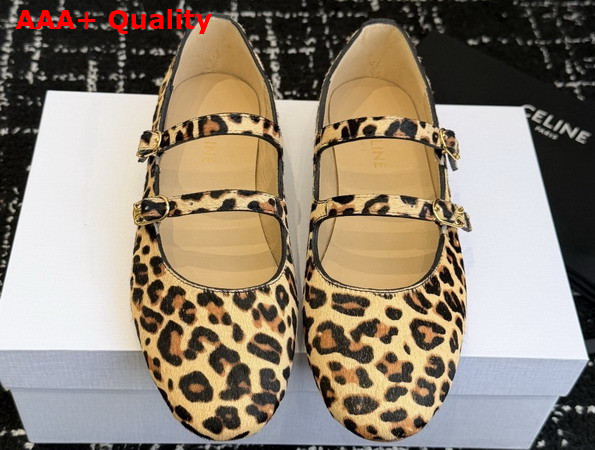 Celine Les Ballerines Celine Double Strap Ballerina in Leopard Printed Hairy Calfskin Brown and Beige Replica