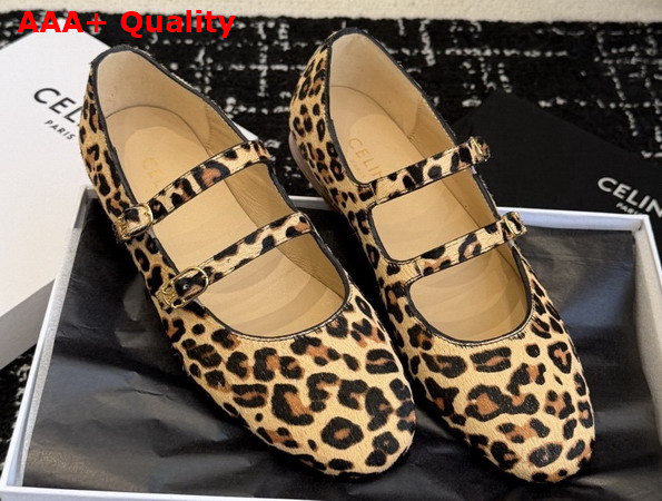Celine Les Ballerines Celine Double Strap Ballerina in Leopard Printed Hairy Calfskin Brown and Beige Replica