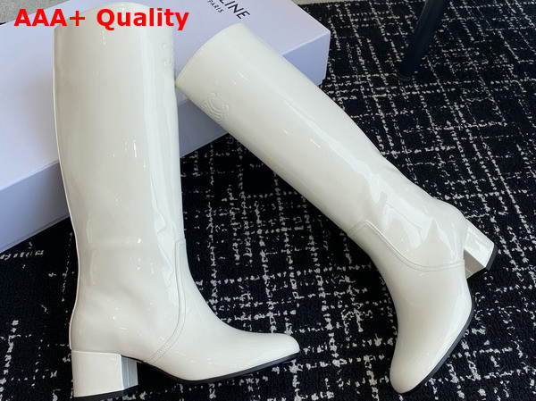 Celine Les Bottes Celine Triomphe High Boot in Patent Calfskin White Cotton Replica